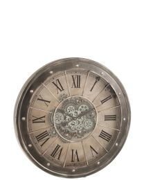 Clock Roman Numerals Visible Mecanism Metal+glass Antique Grey