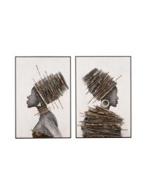 Peinture Femme Africaine Bois/canevas Marron/gris Assortiment De 2