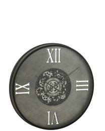 Clock Round 4 Roman Numerals Gears Metal Grey/black