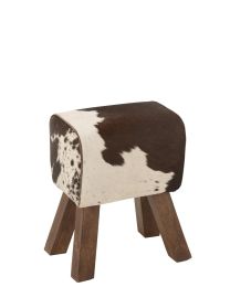 Tabouret Vache Bois De Manguier/fourrure Noir/blanc