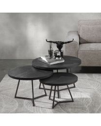 Set De 3 Tables Rondes Teck Noir Structure Métal Noir