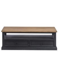 Table Basse 4 Tiroirs, Plateau Teck, Finition En Bois Noir Vieilli