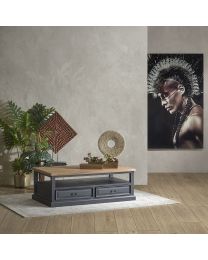 Coffee Table In Old Black, Top In Teak. 4 Drawers