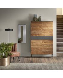 Tall Cabinet In Recycled Teak. 4 Doors And 2 Drawers, Metal Finish