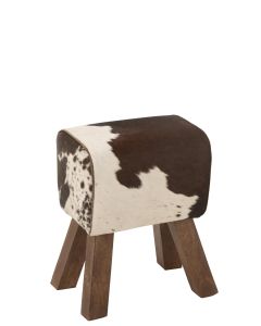 Tabouret Vache Bois De Manguier/fourrure Noir/blanc