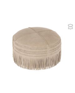 Pouf Franges Rond Cuir Gris Clair