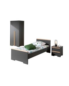 London Lot Avec Lit (90x200cm) Avec Chevet Et Garde-robe 2 Portes  En Anthracite