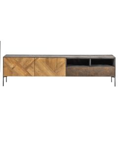 Tv Furniture Cabinet With 2 Doors And 1 Drawer In Recycled Teak, Zig Zag Motif