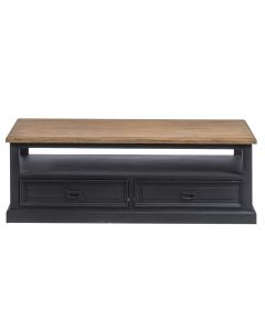 Table Basse 4 Tiroirs, Plateau Teck, Finition En Bois Noir Vieilli